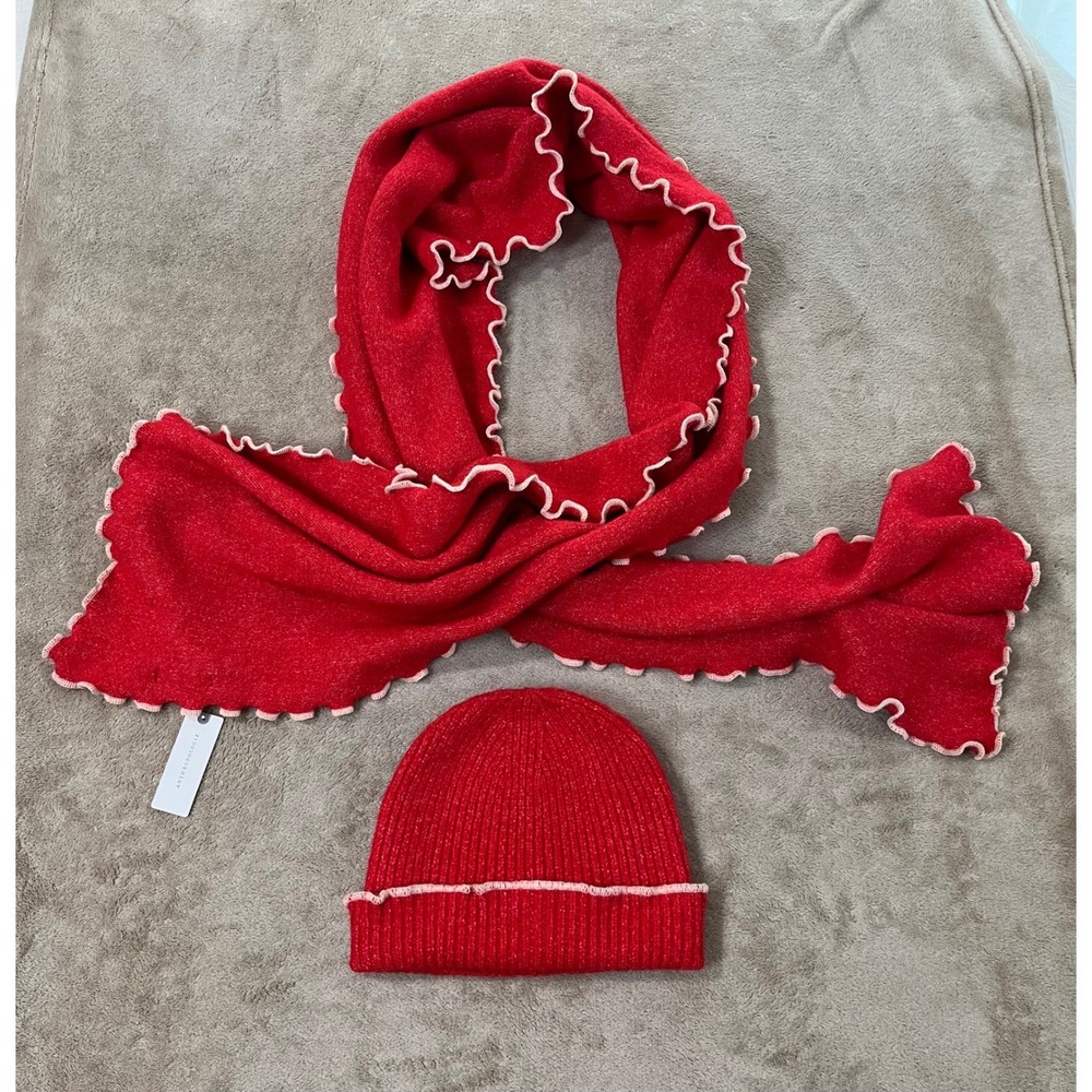 Maeve Anthropologie Red Knit Scarf and Beanie Set Lettuce Edge Trim NEW MSRP $58